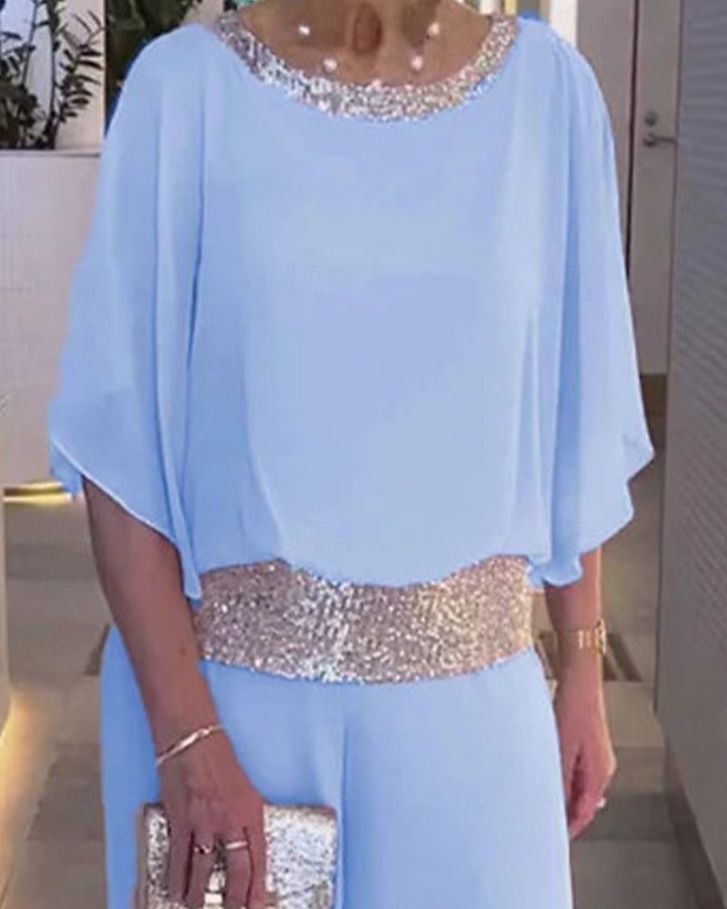 Two Piece Jumpsuit / Pantsuit Mother of the Bride Pantsuit Elegant Vintage Simple Boat Neck Floor Length Chiffon Half Sleeve with Sequin 2025 - $99.99 –P2