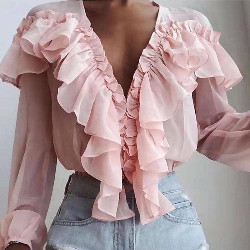 Camicia da Donna Blusa Bottone Colore Solido Fiorita Piana Stile Casual a Maniche Lunghe V Collo Top Regolari Quotidiani Rouches Nero Bianco Rosa Blu Estate Primavera del 2025 a $19.99 –P2