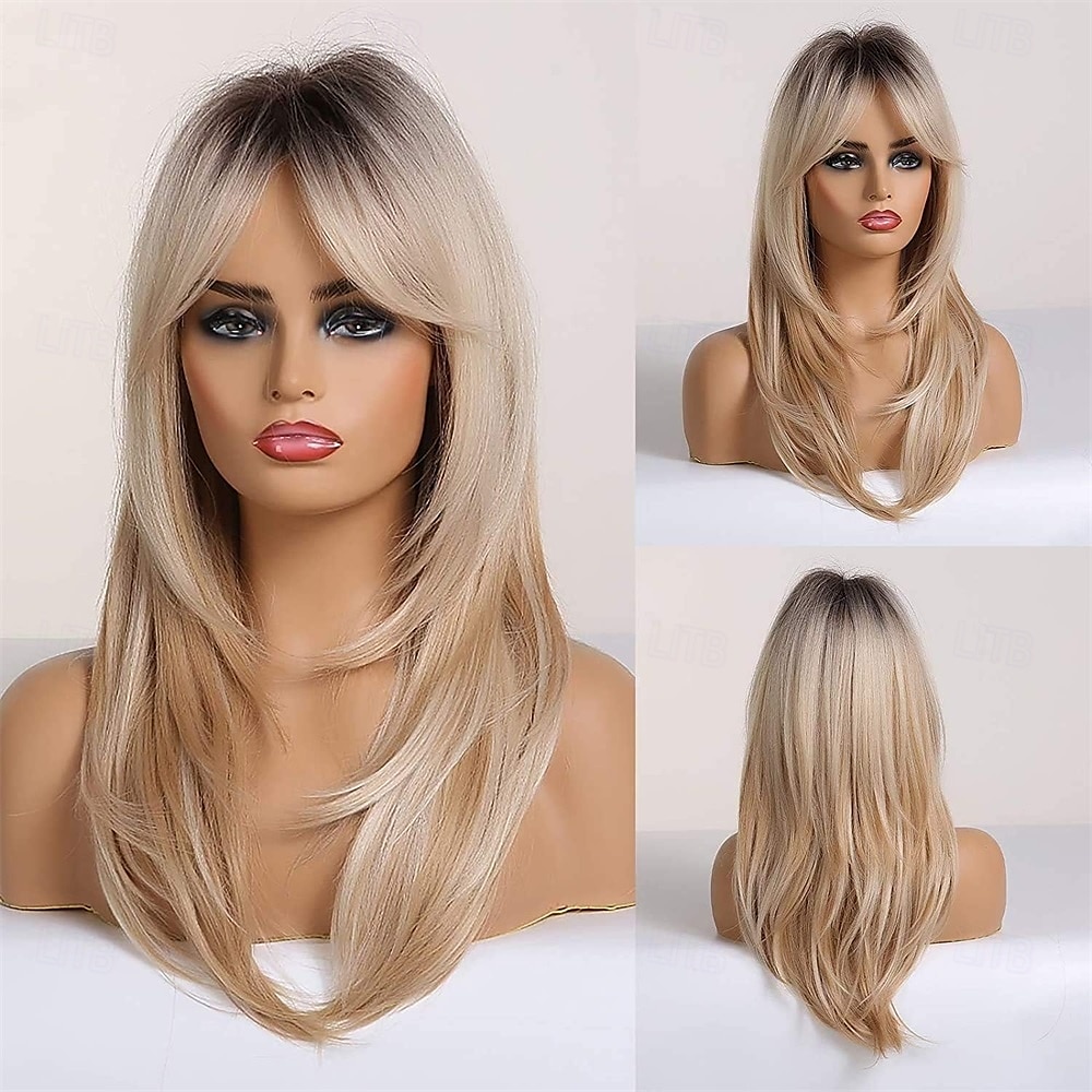 20 palců dlouhé rovné blond vrstvené syntetické paruky pro ženy s tmavými kořínky pro každodenní párty 2025 - $28.99 –P2
