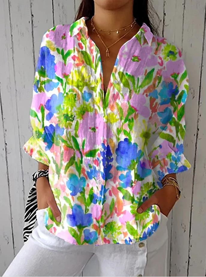 Camicia da donna in lino, camicetta, floreale, grafica, elegante, casual, a maniche lunghe, colletto, normale, top, quotidiano, vacanza, uscite, bottoni, blu cielo, azzurro, viola, verde, estate, del 2025 a $32.99 –P1