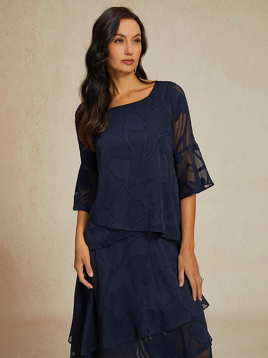 Women's Lace Shirt Blouse Dressy Tops Chiffon Tops Solid Color Elegant Stylish Basic 3/4 Length Sleeve Bell Sleeve Boat Neck Regular Tops Wedding Guest Work Daily Asymmetric Hem Navy Blue Summer 2025 - $59.99 –P3