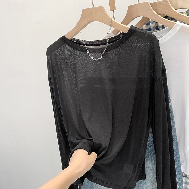 Women's T Shirt Plain Modern Casual Long Sleeve Crew Neck Regular Tops Daily Going out Black White Pink Blue Gray Summer 2025 - $16.49 –P2