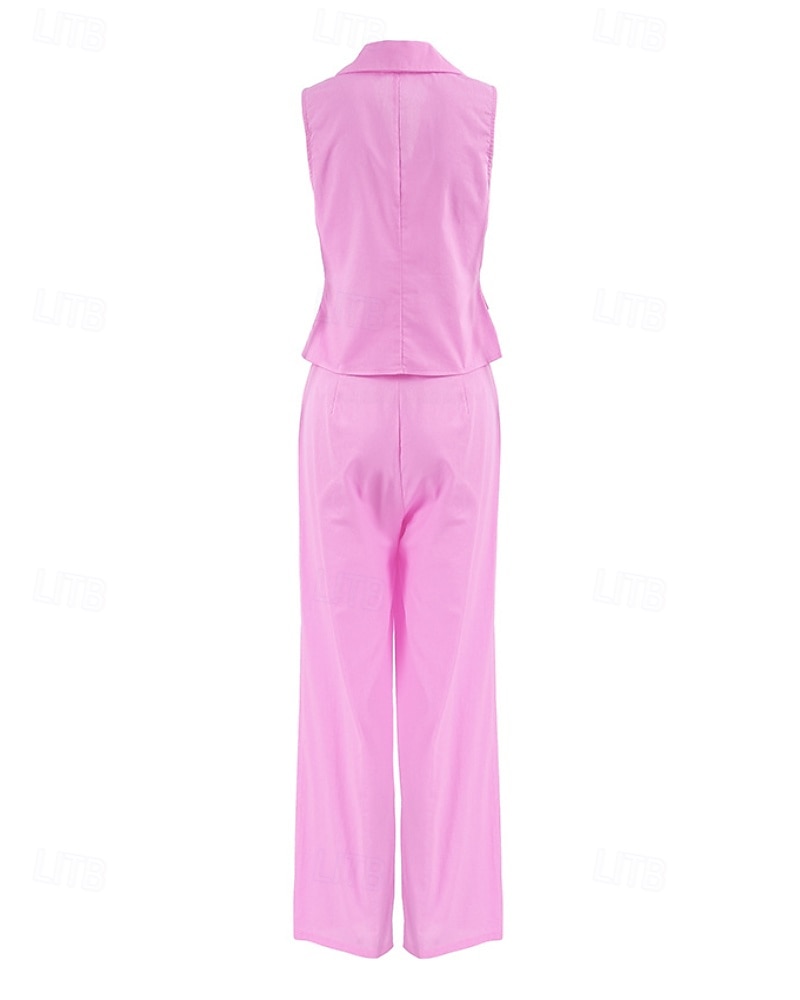 Women's Active Basic Cotton Linen Sets Vest Pants Sets Sleeveless Shirt Collar Solid Color Dubbele Rij Knopen Outdoor Date Pink Blue Summer Regular Fit 2025 - $36.99 –P4
