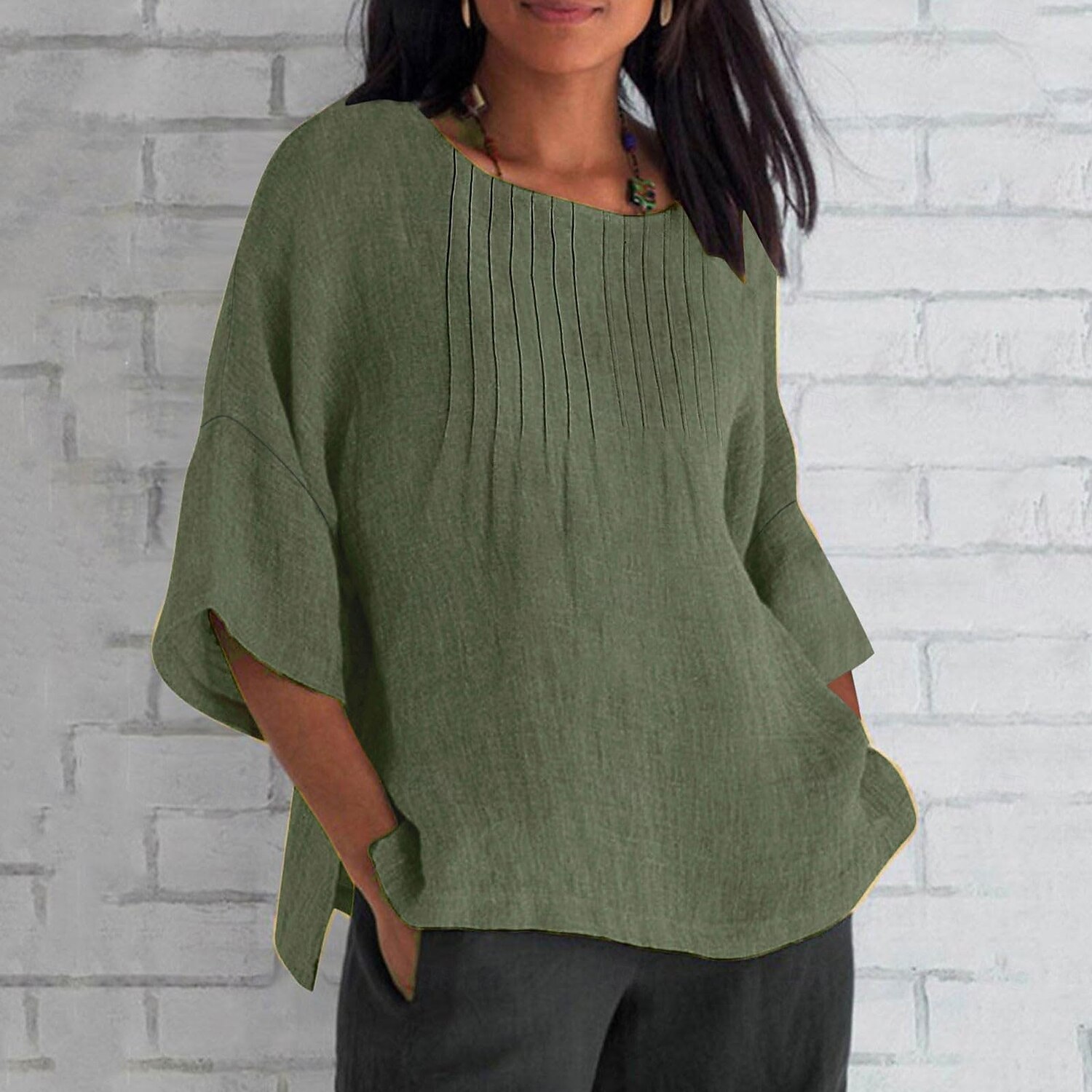 Women's Blouse Faux Cotton Linen Pleated Solid Color Elegant Casual Short Sleeve Crew Neck Regular Tops Daily Holiday Blue Pink Green Khaki Beige Summer 2026 - $21.99 –P3