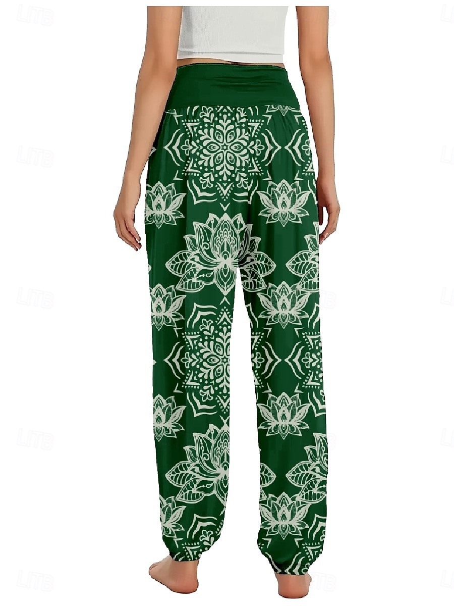 Dam Linneinspirerade byxor Brett skaft Byxor Etnisk Stil Ledigt Boho Fullängd Hög midja Blommig Paisley Ficka Elastisk midja Tryck Mateial som andas Mjuk Microelastisk Utomhus Yoga Röd Blå Mörkgrön 2025 - $21.99 –P5