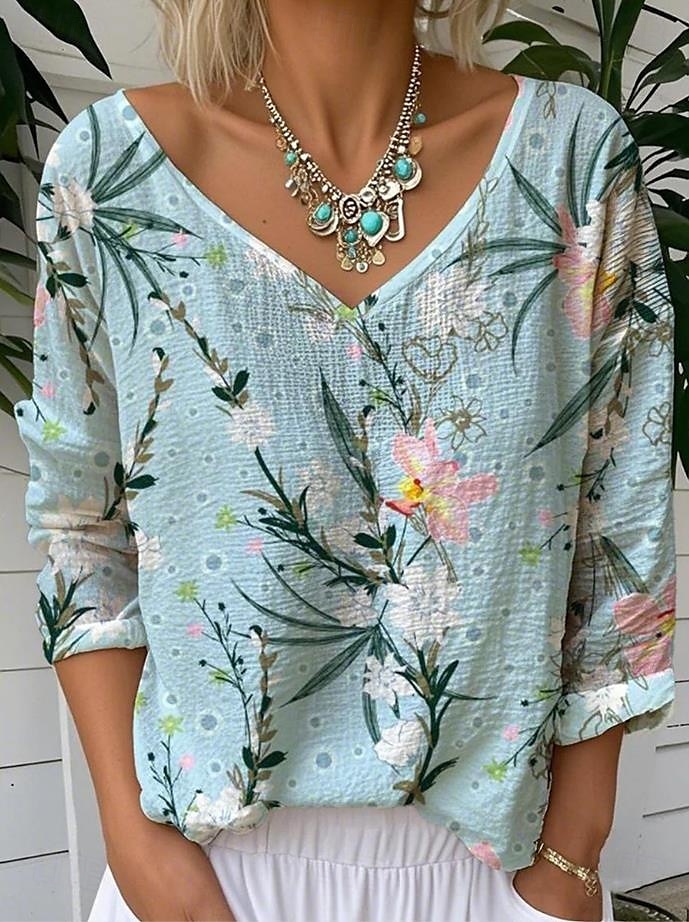 Dame Bluse Blomstret Grafisk Årgang Tropisk Stilfull 3/4 ermer V-hals Vanlige topper Hvit Gul Rosa Blå Grønn Sommer Vår 2025 - $24.99 –P5
