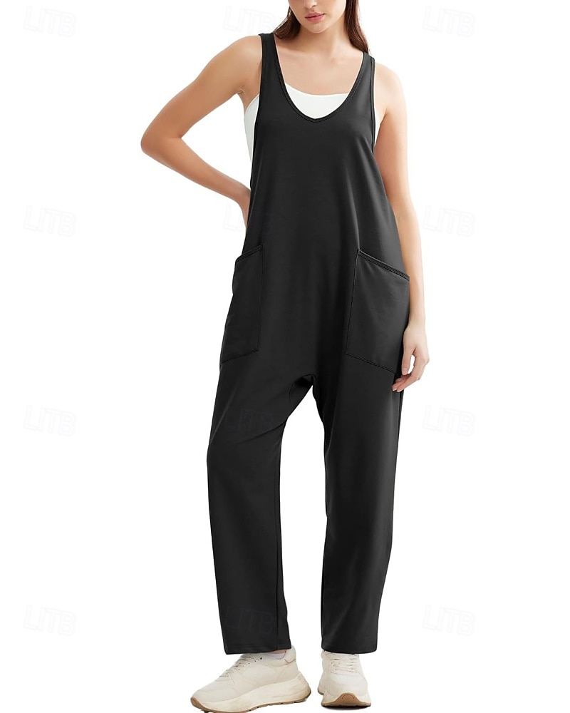tuta salopette normale da donna streetwear tinta unita senza maniche scollo a V tasche per uscire fine settimana vestibilità regolare nero verde chiaro rosa estate del 2026 a $26.99 –P8