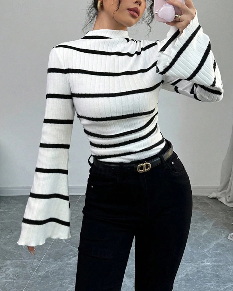 Femmes T-shirt Rayé Mode Moderne manche longue Col haut Hauts Réguliers Quotidien Sortir Noir Blanche Été Printemps de 2025 ? $19.99 –P1