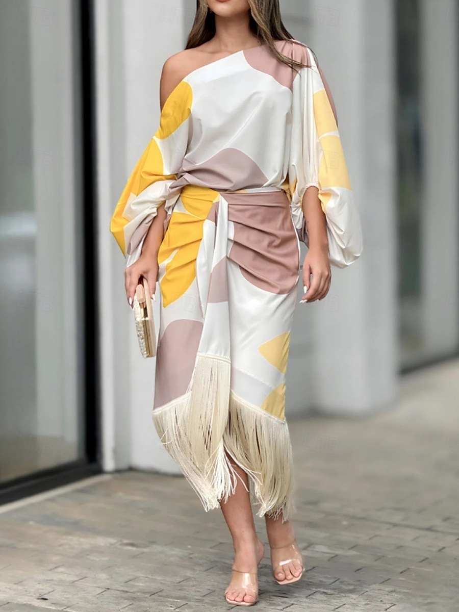 Femmes Robe Ensemble Robe Portefeuille Robe à épaules dénudées Occasionnel Bloc de Couleur Froncé Imprimé Robe Midi Manche 3/4 Une Épaule Extérieur Quotidien Jaune Rose dragée Été Printemps Coupe de 2025 ? $46.99 –P1