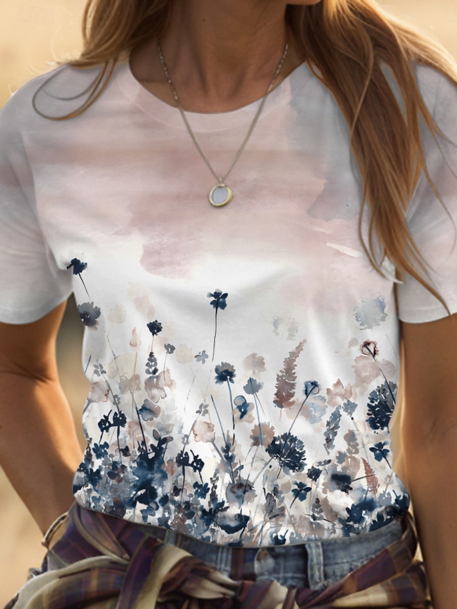 Femmes T-shirt A Ombre Fleuri Graphique ancien Élégant Classique Manche Courte Col ras du cou Col rond Hauts Réguliers Quotidien Imprimé Rose Claire Violet Vert Été Printemps de 2025 ? $19.99 –P3