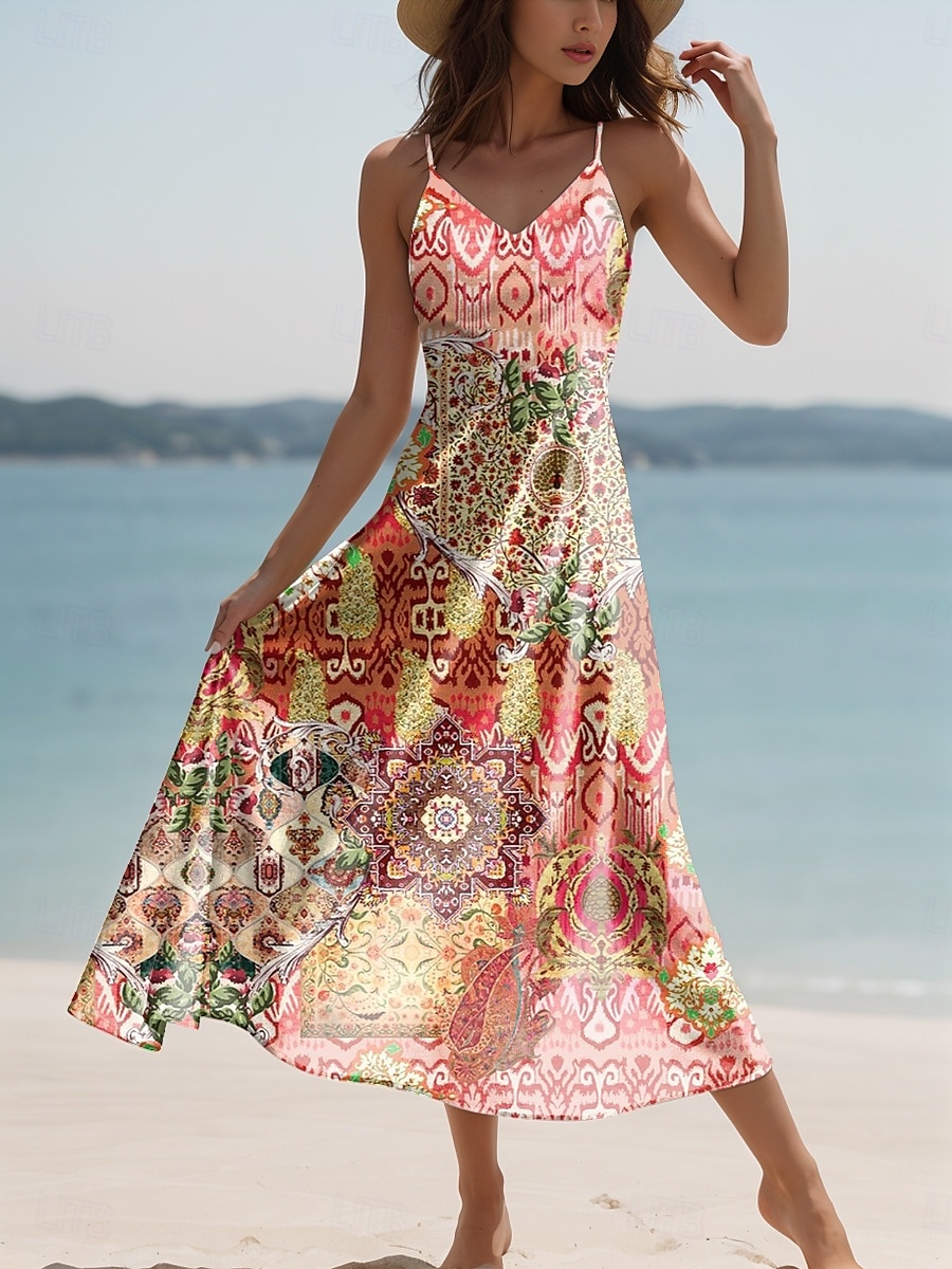 Dames Maxi-jurk Zonnejurk A lijn jurk Slipdress Vakantie Casual Boho Strand Normale pasvorm Grafisch Wijnoogst Boho Paisley Damast Mouwloos V-hals blauw Paars Oranje Groen Zomer Lente 2025 - $34.99 –P1