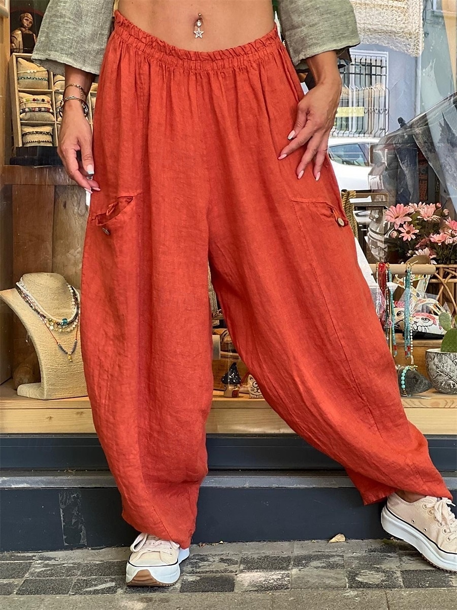 Calças Baggy Femininas de Pernas Largas de Cor Sólida Moda Bloomers Básico Comprimento Total Cintura Média Lisa com Bolso Cintura Elástica Conforto ao Ar Livre Microelástico Férias Rua Diário Dourado de 2025 por $25.99 –P2