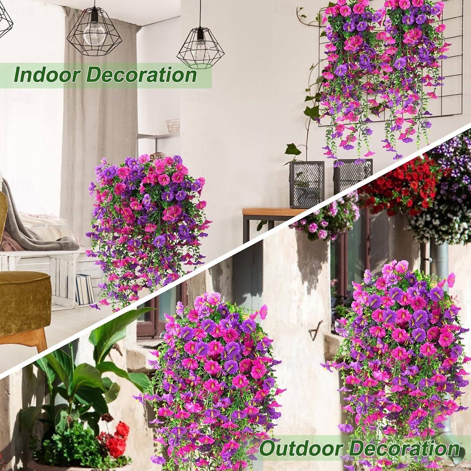 5ks umělých závěsných svlačecových květin pro venkovní UV odolné umělé petúnie realistické falešné hedvábí dlouhé liány svlačec eukalyptus pro venkovní vnitřní květináč veranda terasa domácí dekorace mix 2026 - $27.99 –P4