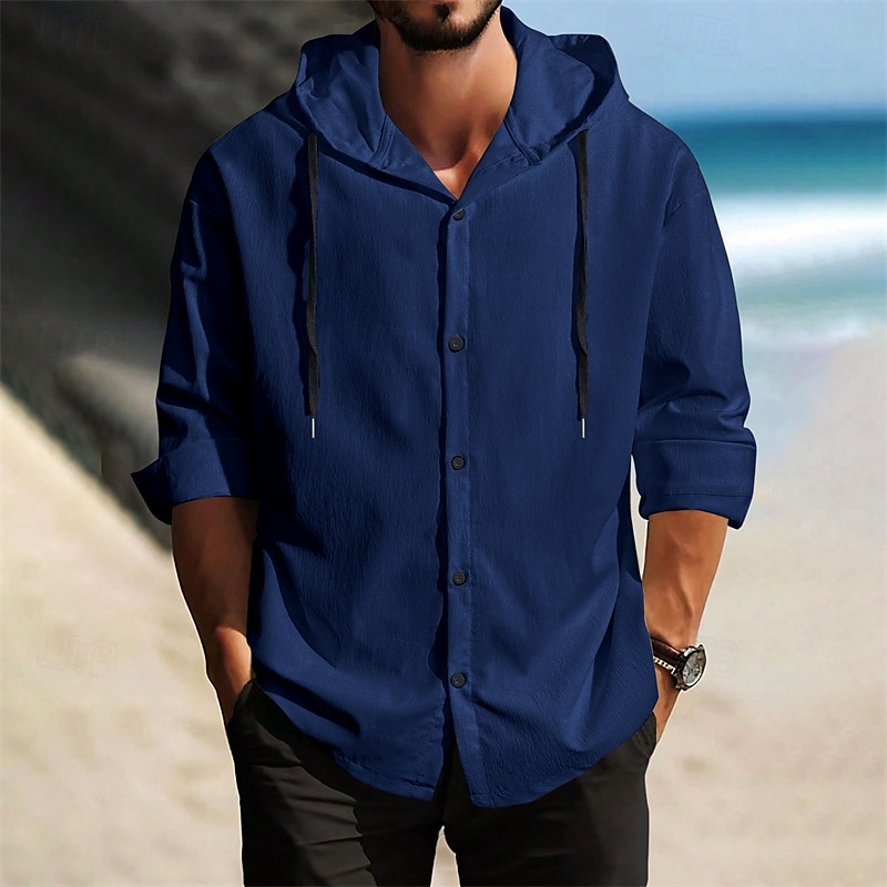Men's Shirt Summer Shirt Casual Shirt Beach Shirt Button Up Shirt Black White Dark Navy Brown khaki Long Sleeve Plain Hooded Holiday Casual Daily Button-Down Clothing Apparel Polyester Fashion Casual 2025 - $27.99 –P11
