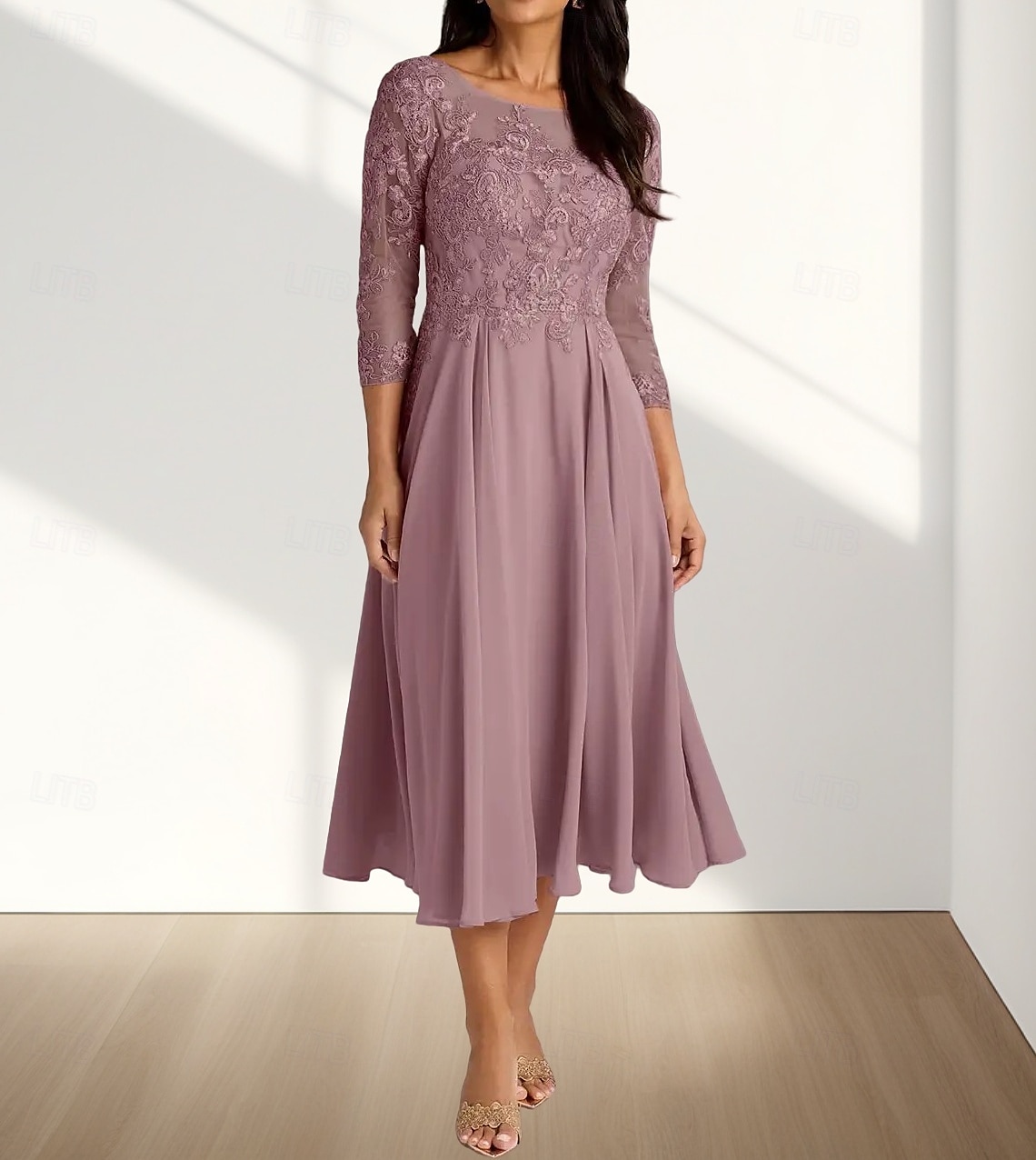 Robe Mère de la Mariée A-Line Invité de Mariage Élégante Col Arrondi Longueur Thé Chiffon Manches 3/4 avec Plis Appliques Robe Midi 2025 de 2025 ? $172.99 –P1