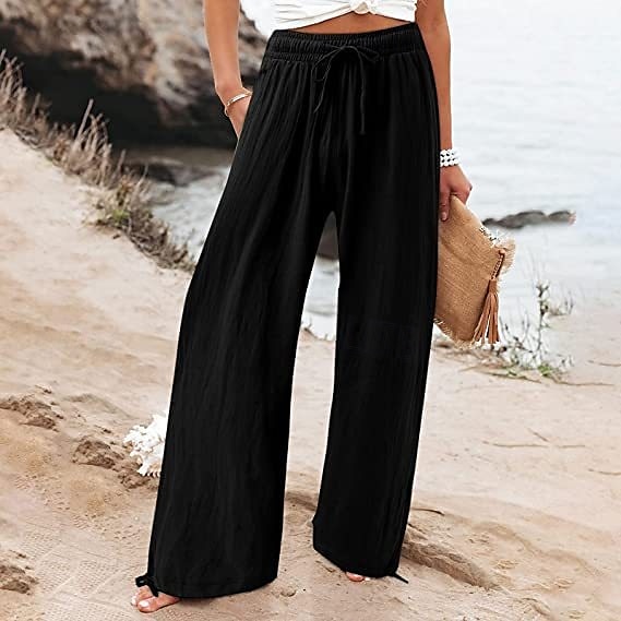 Pantalons chinos larges pour femmes baggy mode de vacances vintage longueur entière taille haute uni poches ceinture élastique confortables doux micro-élastiques formels vacances rue noir vert beige de 2025 ? $22.99 –P3