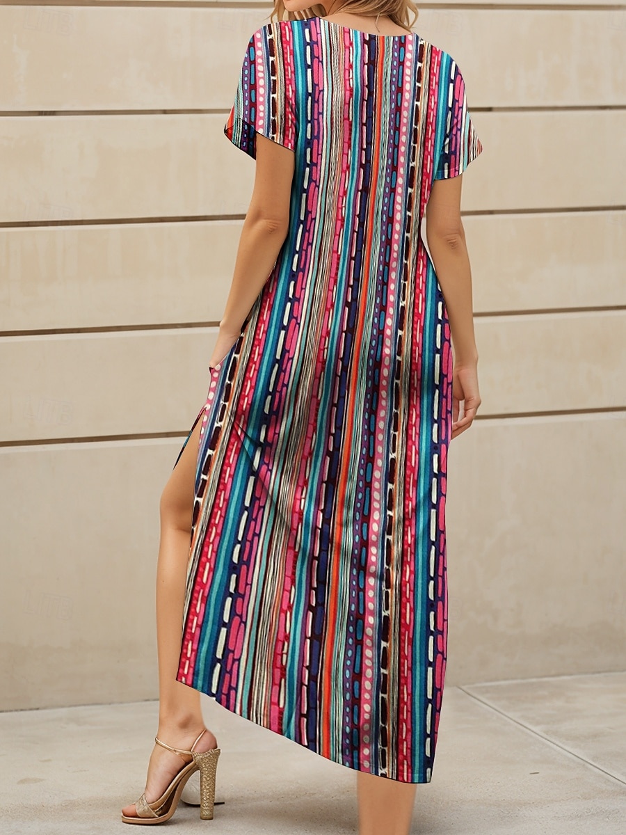 Women's Maxi Dress T Shirt Dress Tee Dress Sundress Shift Dress Summer Dress Bohemia Holiday Regular Fit Graphic Stripe Abstract Short Sleeve Crew Neck Rainbow Summer Spring 2025 - $28.99 –P2