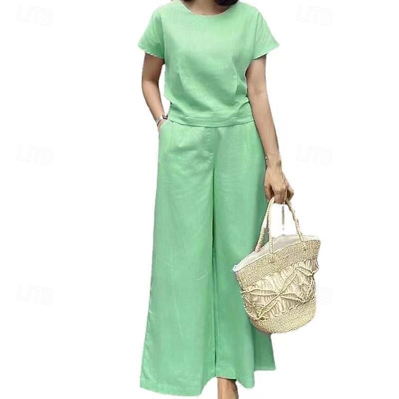 Femmes Mode Streetwear Chemise Ensembles en coton et lin Ensembles deux pièces Manche Courte Col ras du cou Uni Tenue quotidienne Date Jaune Rose Claire Vert Été Coupe régulière de 2025 ? $36.99 –P1