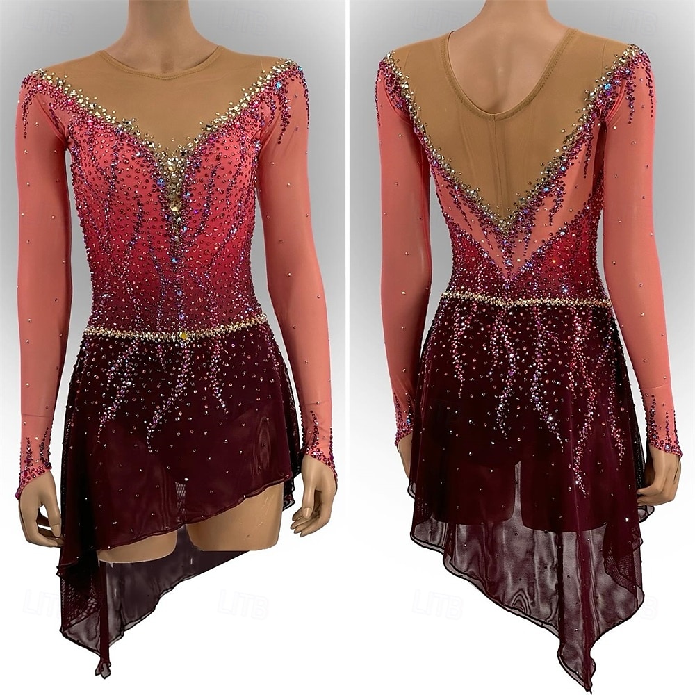 Kunstschaatsjurk Dames Voor meisjes Schaatsen Jurken Zwart / rood Duimopening Asymetrische zoom Netstof Hoge Elasticiteit Opleiding Wedstrijd Kunstschaatskleding Klassiek Kristal / Bergkristal Lange 2025 - $189.99 –P1