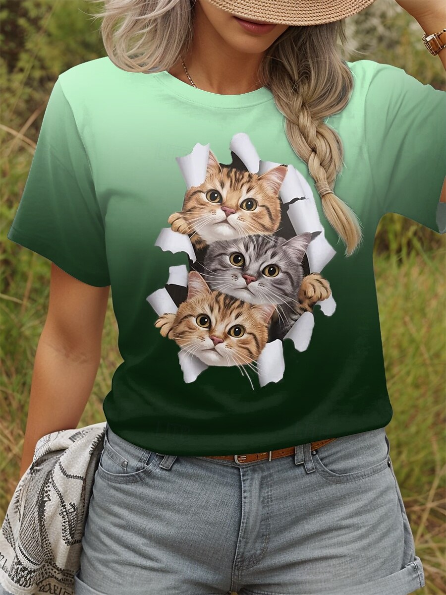 Per donna Maglietta Grafico Animale Gatto Vintage Elegante Classico Manica Corta Girocollo Top Regolari Quotidiano Stampato Blu Verde Estate del 2025 a $19.99 –P4