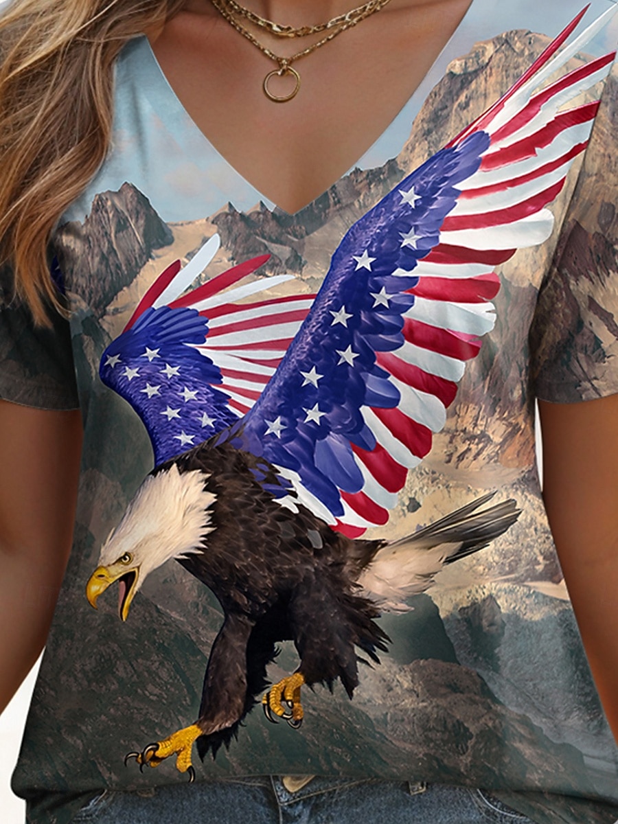 Mujer Camiseta Estampado Graphic Animal Bandera estadounidense Vintage Elegante Clásico Manga Corta Escote en Pico Tops regulares Diario Fin de semana Azul Piscina Verano Primavera 2026 - $21.99 –P3