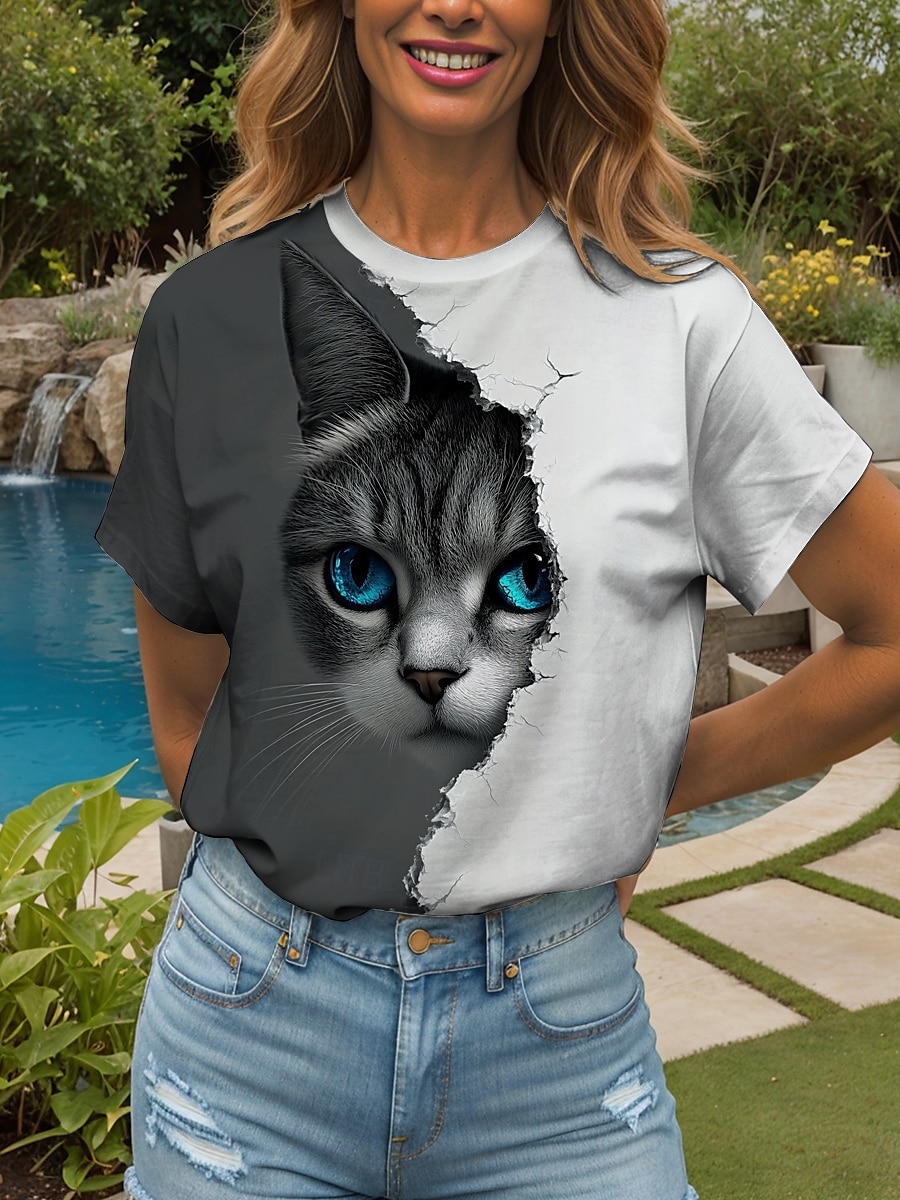 Dame T skjorte Grafisk Dyr Katt Årgang Stilfull Klassisk Kortermet Crew-hals Rund hals Vanlige topper Daglig Helg Trykt mønster Hvit og grå Sommer Vår 2025 - $19.99 –P1