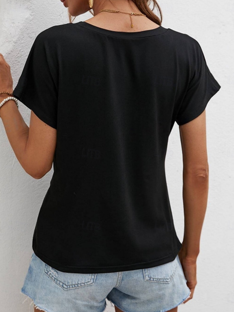 T-shirt femme de couleur unie Uni Mode Classique Décontracté Manches courtes Col rond Hauts réguliers Quotidien Week-end Asymétrique Noir Blanc Vert armée Bleu marine Été de 2025 ? $14.99 –P7