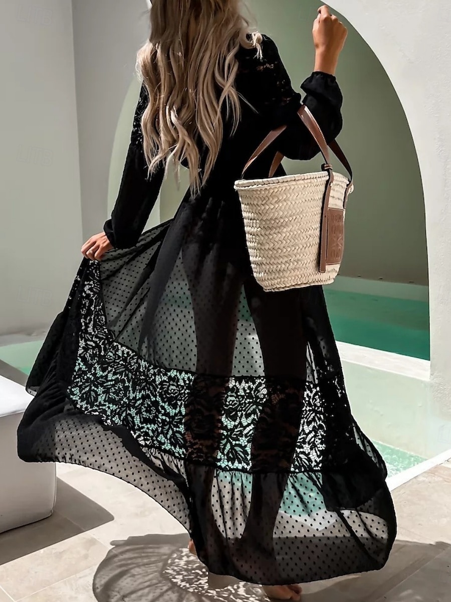 Costumi da bagno da donna coprente costume da bagno pizzo patchwork vacanza spiaggia indossare colore solido scollatura a V maniche lunghe costumi da bagno del 2025 a $32.99 –P3