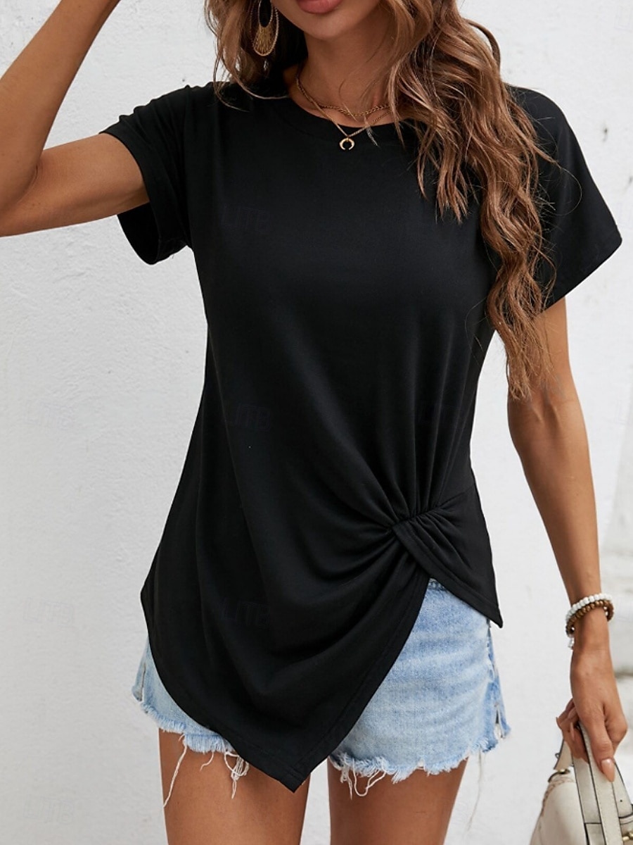 T-shirt femme de couleur unie Uni Mode Classique Décontracté Manches courtes Col rond Hauts réguliers Quotidien Week-end Asymétrique Noir Blanc Vert armée Bleu marine Été de 2025 ? $14.99 –P8