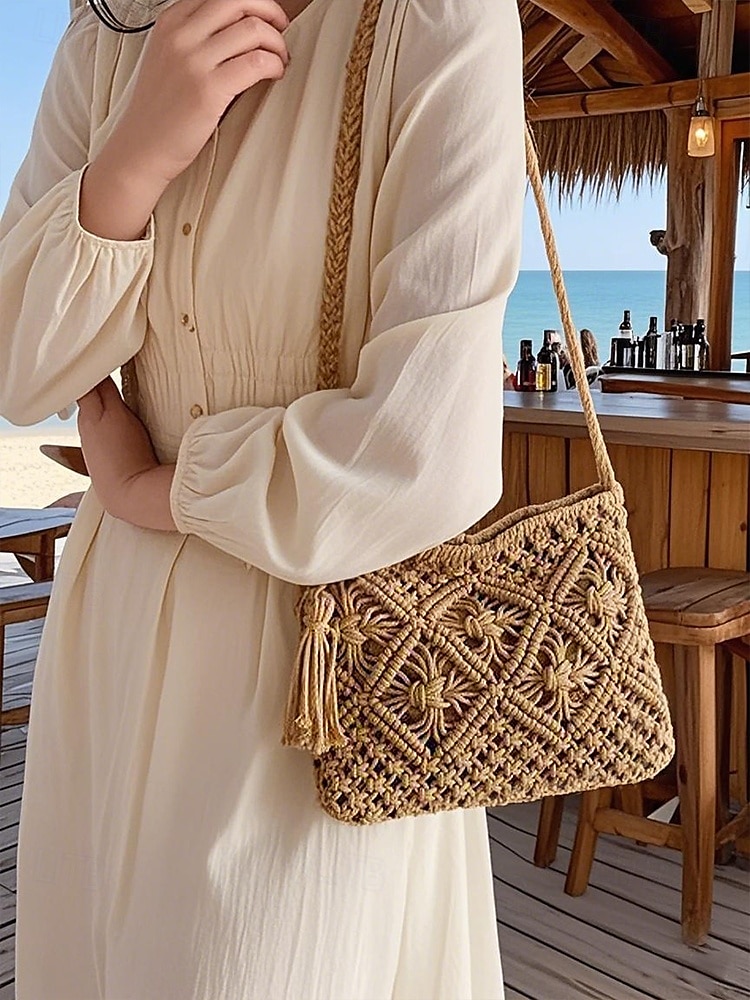 női kézzel szőtt boho crossbody táska – vintage makramé válltáska bojttal tengerparti nyaraláshoz és hétköznapi ruhákhoz szín fekete fehér rózsaszín 2025 - $14.99 –P5