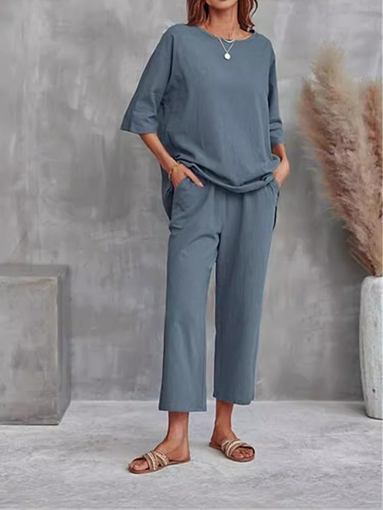 Dámské EU / US velikost Sady inspirované lnem Dvoudílné sady Bolero Top Poloviční rukáv Kulatý Pevná barva Běžné / Denní Černá Světlá růžová Nebeská modř Jaro léto Volný 2025 - $39.99 –P6