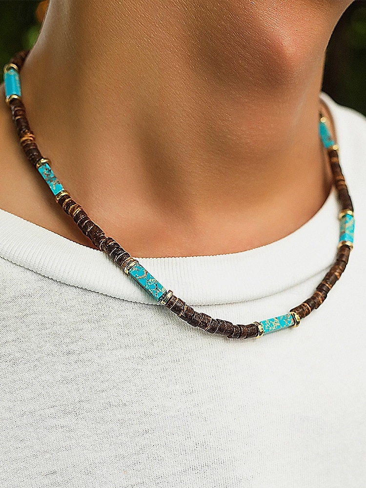 Collier de perles en bois naturel pour homme avec des accents turquoise, style surfeur bohème, bijoux réglables pour la plage, les festivals et les tenues décontractées de 2025 ? $9.99 –P3