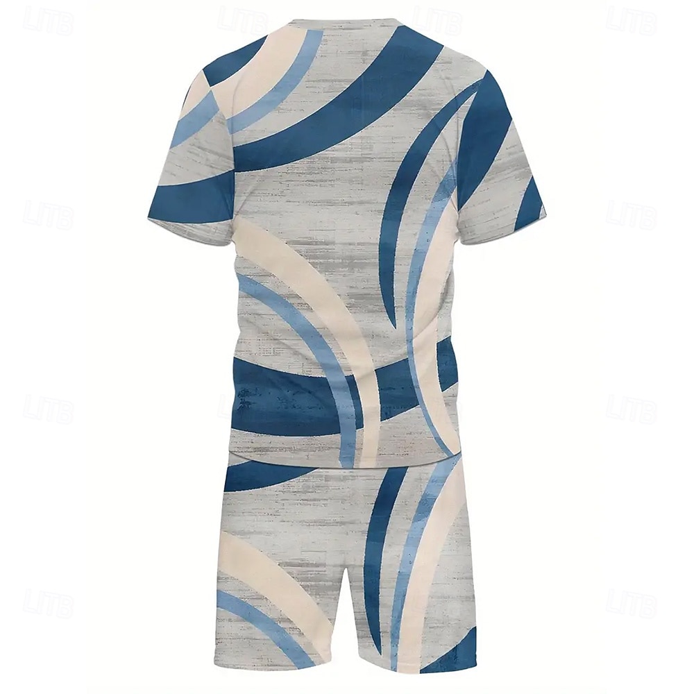 Men's Geometric 2pcs Tees sets Summer Tops Short Sleeve Short Pants Crew Neck Sport Casual Trendy Sports & Outdoor Casual Daily 3D Print Summer Blue 2025 - $25.99 –P2