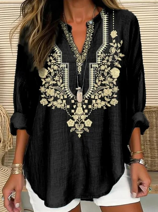 Dames Boho Blouse Grafisch Geometrisch Paisley Elegant Bohemia Vintage Lange Mouw V-hals Regular Tops Dagelijks Print Zwart Blauw Lichtgrijs Beige Zomer Lente 2025 - $24.99 –P1