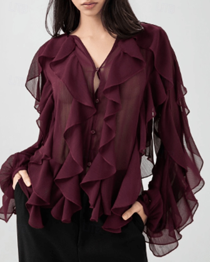 Femmes Chemise Chemisier Uni Élégant Moderne manche longue Col en V Hauts Réguliers Fête Sortir Superposé Vin Été de 2025 ? $34.99 –P1