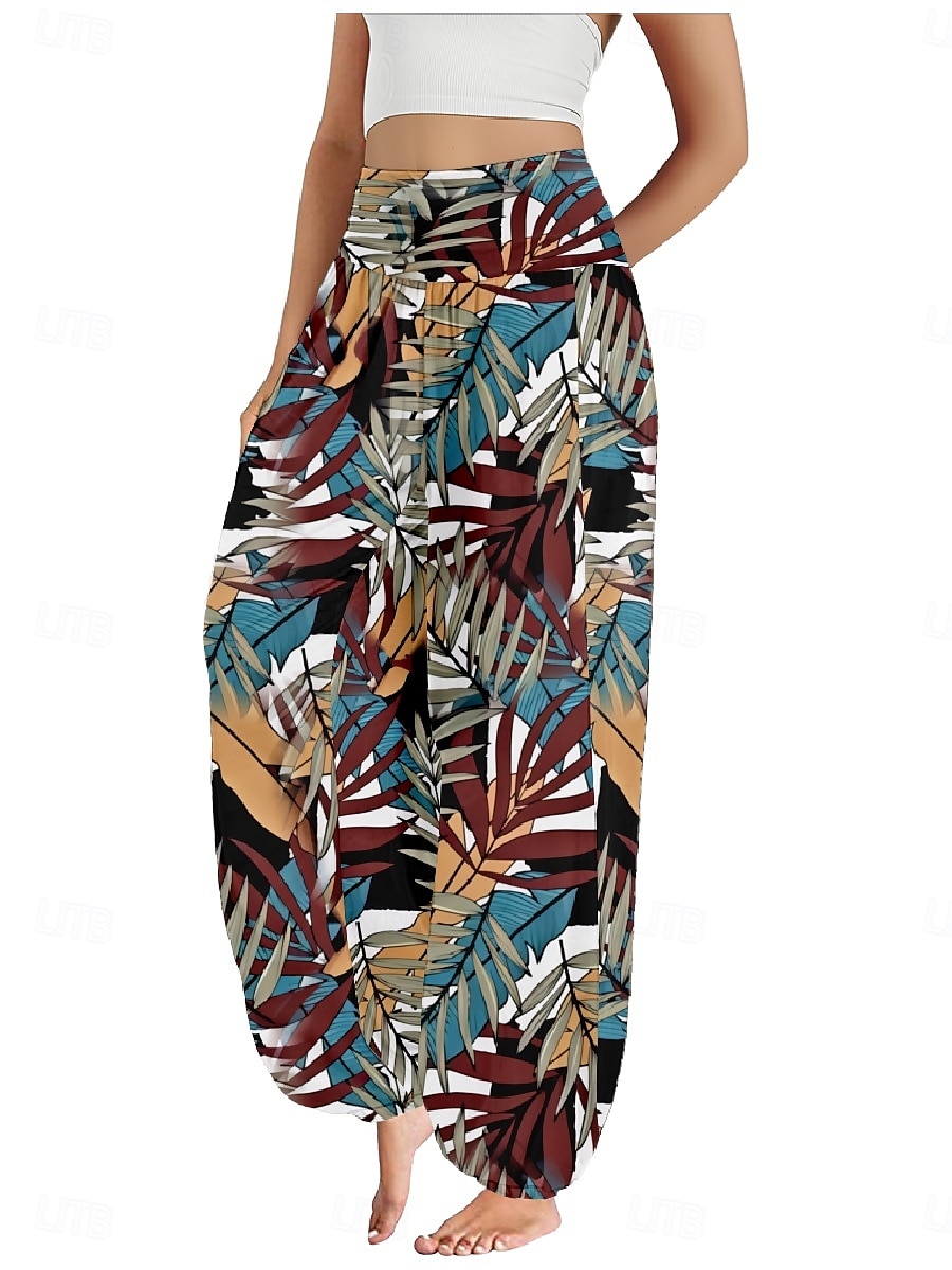 Per donna Pantaloni ispirati al lino Gamba larga Pantaloni Stile Etnico Casual Boho Lunghezza intera Vita Alta Floreale Foglia Tropicale Tasca Elastico in vita Stampa Traspirabilità Morbido del 2025 a $21.99 –P7
