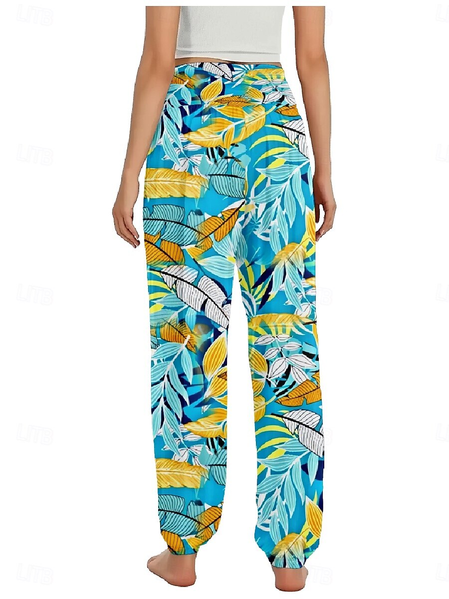 Dam Linneinspirerade byxor Brett skaft Byxor Etnisk Stil Ledigt Boho Fullängd Hög midja Blommig Löv Tropisk Ficka Elastisk midja Tryck Mateial som andas Mjuk Microelastisk Utomhus Yoga Svart Vit 2025 - $21.99 –P17