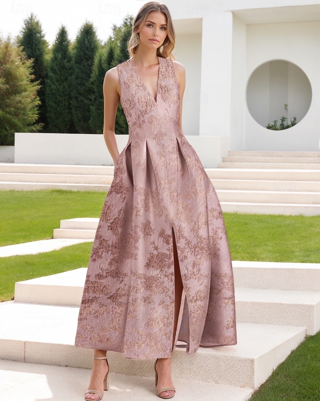 Floral Brocade Jacquard Cocktail Dresses Elegant Dress Formal Semi Forml Wedding Ankle Length Sleeveless V Neck with Slit 2025 - $132.99 –P1