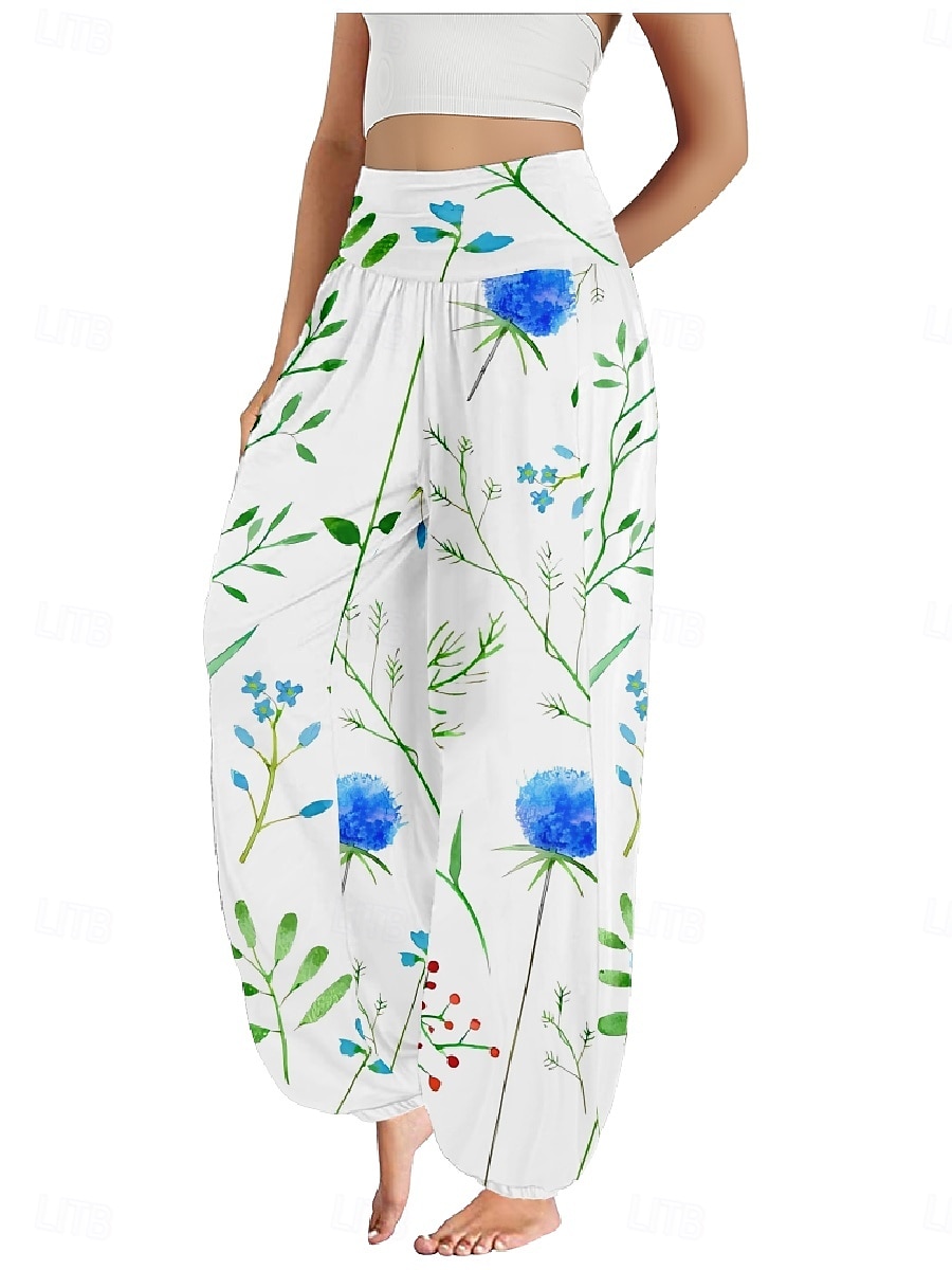 Dame Lin-inspirerte bukser Bred Bukseben Bukser Etnisk stil Fritid Bohem Full lengde Høy Midje Blomstret Blad Tropisk Lomme Elastisk midje Printer Pusteevne Myk Mikroelastisk utendørs Yoga- og 2025 - $20.99 –P21