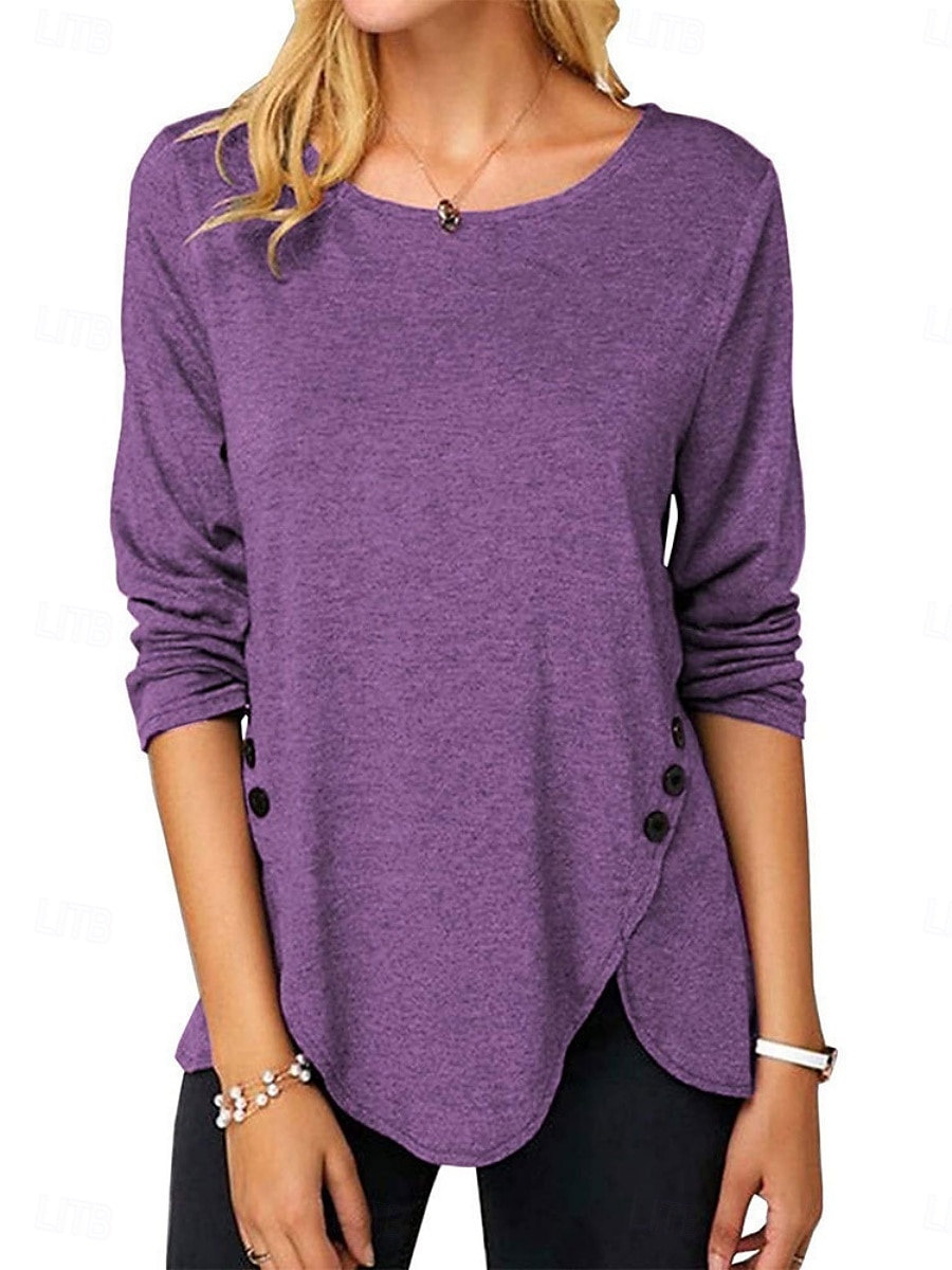 Mulheres Blusa Tecido à moda Casual Manga Longa Gola Redonda Tops regulares Diário Botões Branco Azul Céu Roxo Marron Verão Primavera de 2025 por $16.99 –P4