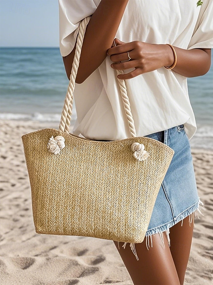 damska torba plażowa ze słomy z uchwytami ze sznurka – duża letnia torebka na wakacje, basen, podróże i codzienne stylizacje khaki beż 2025 - $14.99 –P2
