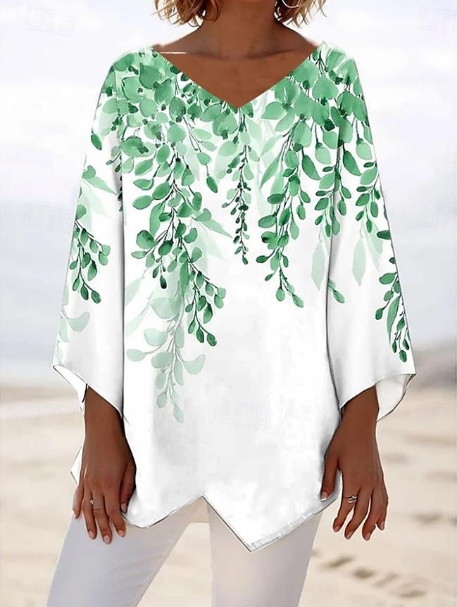 Dame Bluse Blomstret Grafisk Blad Hawaiisk Stilfull Fritid Langermet V-hals Vanlige topper Daglig Ferie Ut på byen Trykt mønster Rosa Blå Grønn Sommer Vår 2025 - $25.99 –P2