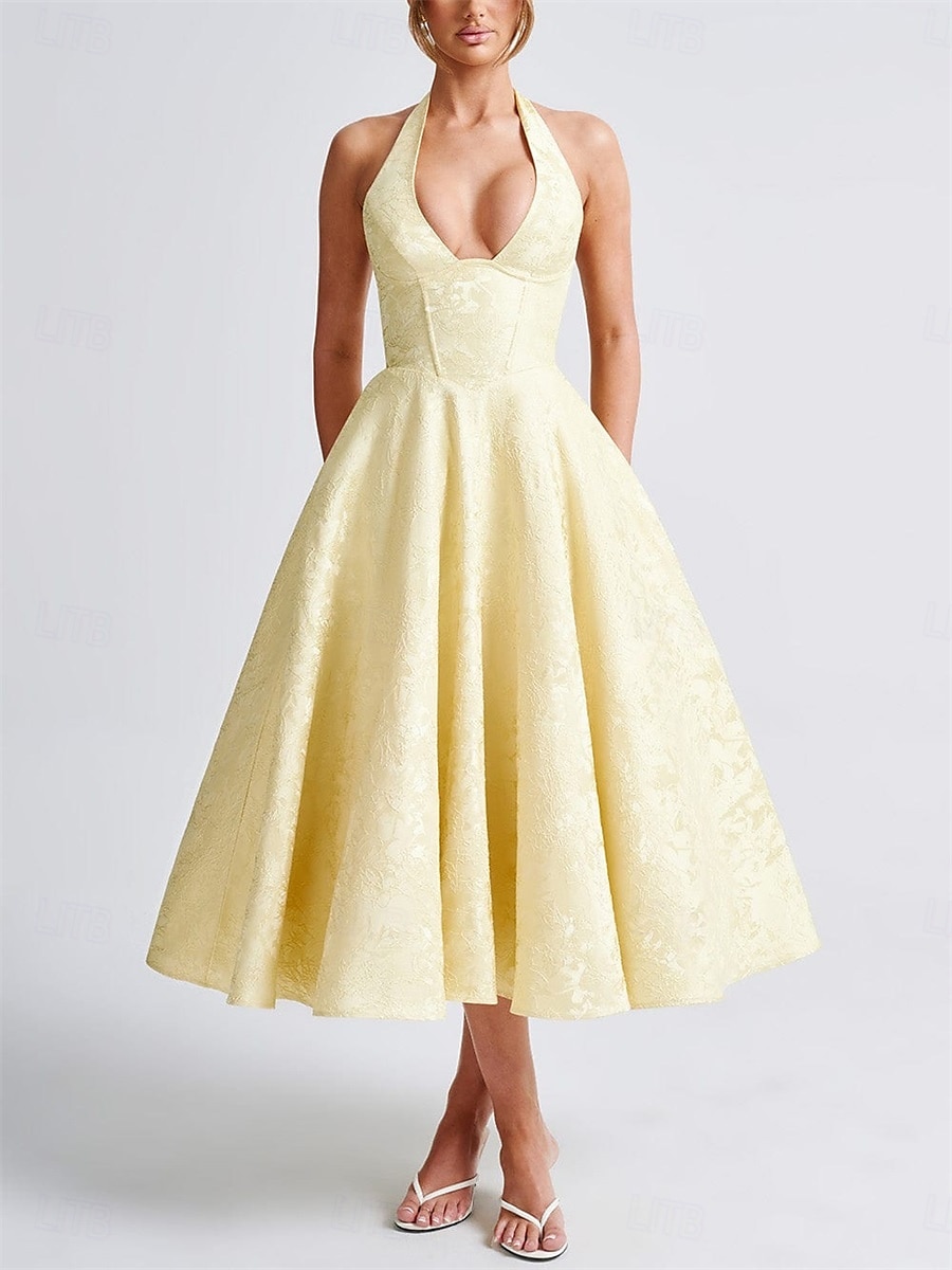 Rochie A-line Rochie Jacquard Rochie Semi-formală Rochie cocktail Lungime midi Fără mâneci Guler halter Fundiță Spate descoperit cu detaliu cu dantelă Rochie pentru invitați la nuntă 2025 - $79.99 –P6
