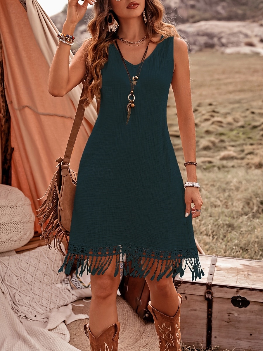 Robe mini femme robe d'été en couleur unie décontractée quotidienne ajustement régulier graphique sans manches col rond vert armée bleu marine marron été de 2025 ? $34.99 –P12