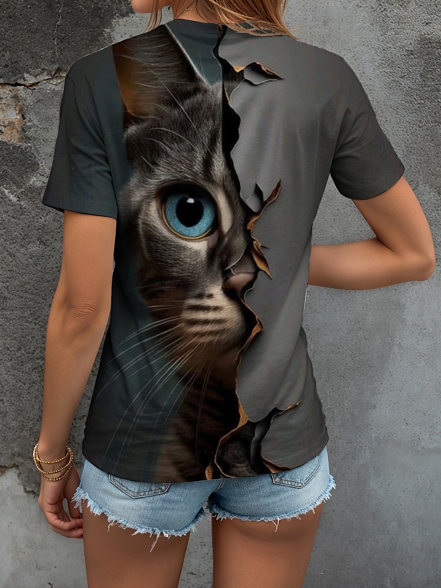 Women's T Shirt Graphic Animal Cat Vintage Stylish Classic Short Sleeve Crew Neck Round Neck Regular Tops Daily Weekend Print Sage Green Brown Summer Spring 2025 - $19.99 –P2