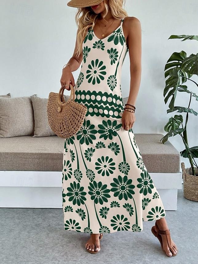 Női Maxiruha A vonalú ruha Slip ruha Szabadság Alkalmi Boho Parti Alkalmi Standard Virágos Grafika Ujjatlan V-alakú Narancssárga piros Fekete Medence Lóhere Nyár Tavasz 2025 - $31.99 –P15