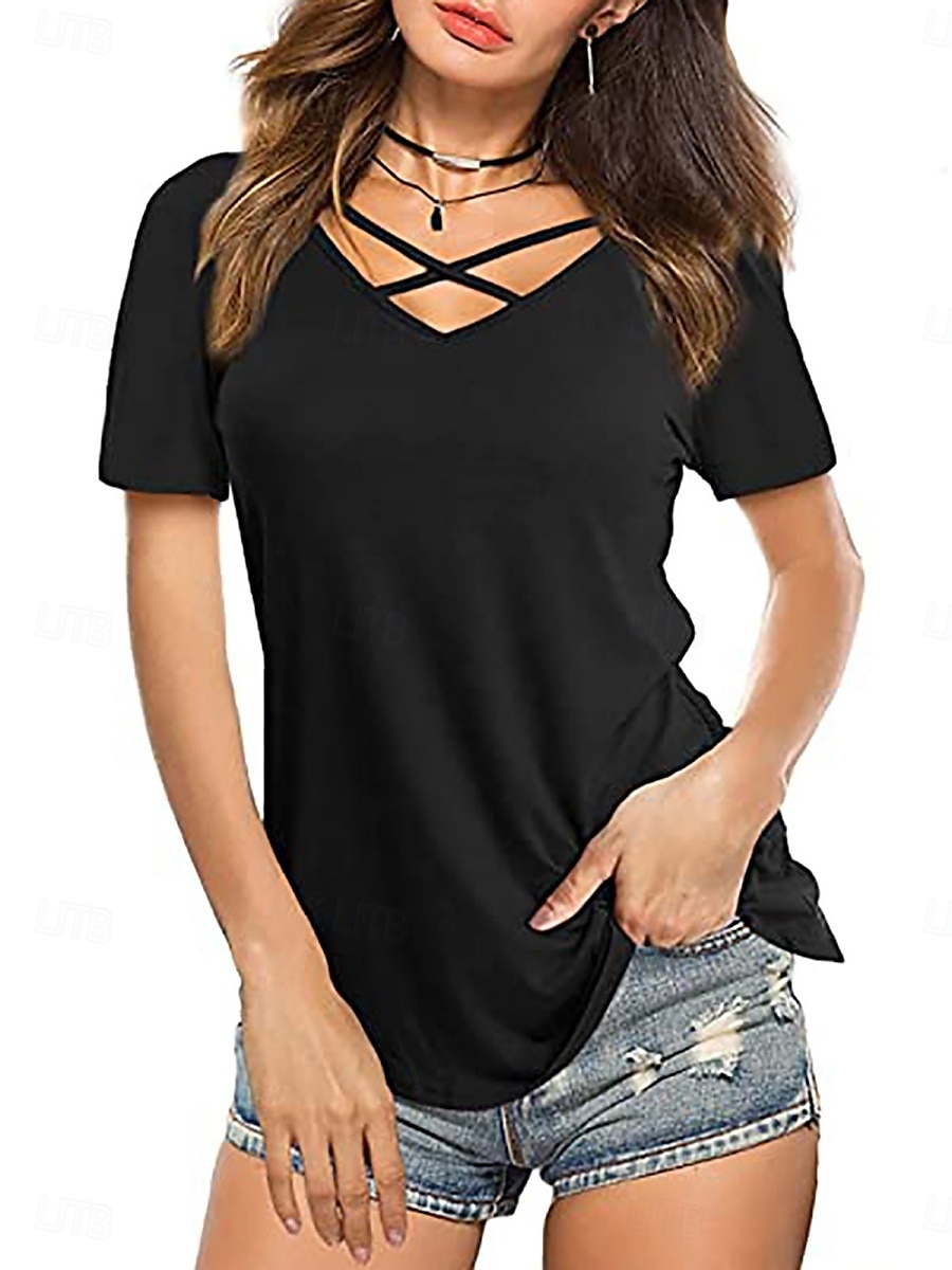 Vrouwen T-shirt Effen Kleur Effen Mode Elegant Klassiek Korte Mouw V Hals Regular Tops Dagelijks Weekend Zwart Wit Roze Legergroen Zomer 2025 - $13.99 –P4