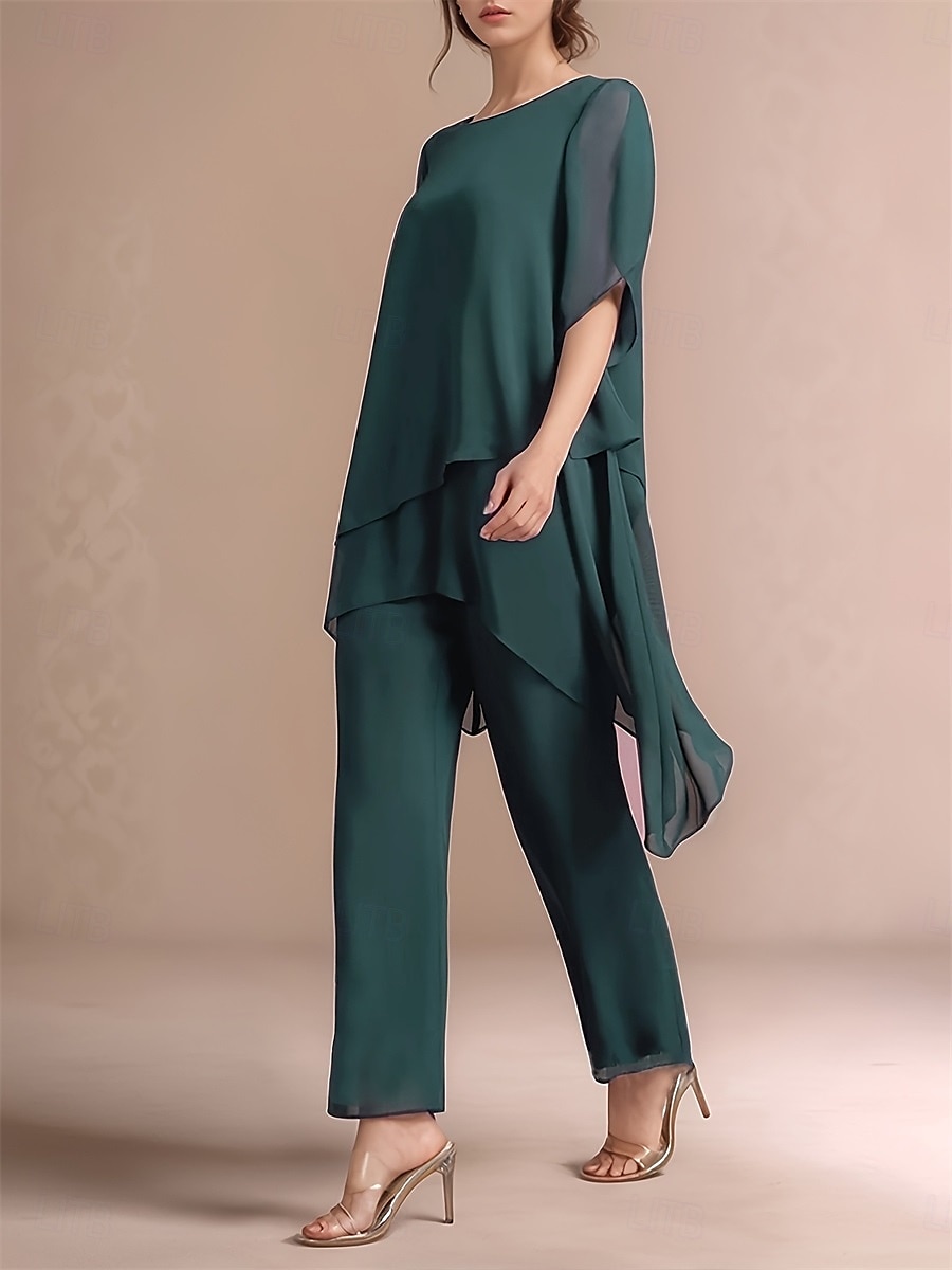 Ensemble de pantalon 2 pièces robe de mère de la mariée classique à col rond élégante en chiffon asymétrique à manches courtes avec une couleur unie de 2025 ? $79.99 –P9