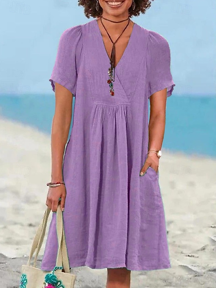Per donna Mini Abito Abiti ispirati al lino Abito a trapezio Casual Spiaggia Quotidiano Vestibilità regolare Semplice Manica Corta Scollo a V Verde chiaro Blu reale Viola Arancione Estate del 2025 a $28.99 –P1