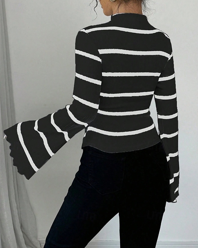 Femmes T-shirt Rayé Mode Moderne manche longue Col haut Hauts Réguliers Quotidien Sortir Noir Blanche Été Printemps de 2025 ? $19.99 –P7